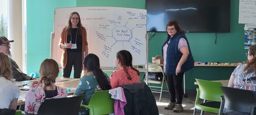 Two women stand at the front of a classroom in front of a whiteboard with a graphic organizer that reads "Our Best Ice Future"