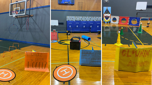 three photos side by side of three different drone obstacle courses made from school P.E. equipment. The titles of the obstacle courses are "A whole lotta hoopla," "Tunnel vision," and "Clownin' around."
