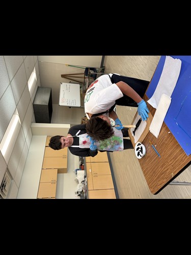 A student paints black ink on a smelt fish for gyotaku printing